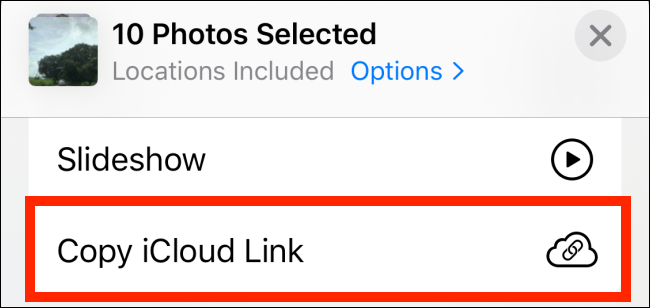 Опция Копировать ссылку iCloud в листе Поделиться
