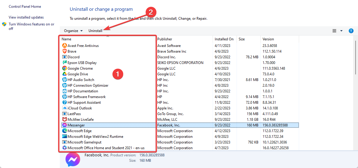 Список программ в Панели управления с выделением кнопки Удалить