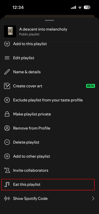 Выбор опции «Съешь этот плейлист» в меню Spotify