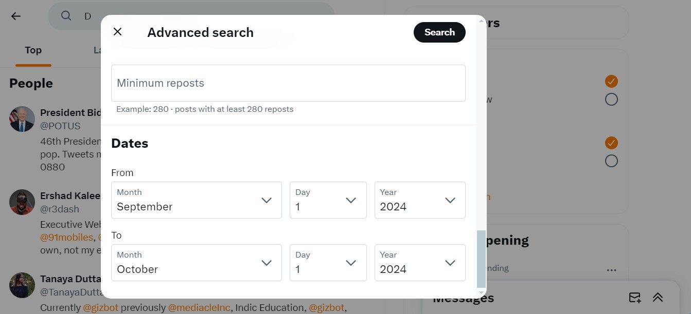 Поле 'From' и 'To' в окне Advanced Search: выбор даты.