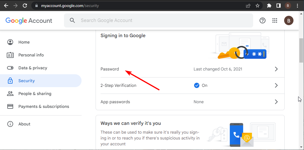 Раздел 'Пароль' в настройках безопасности Google
