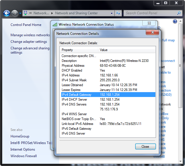 Окно с IPv4 Default Gateway — IP-адрес роутера
