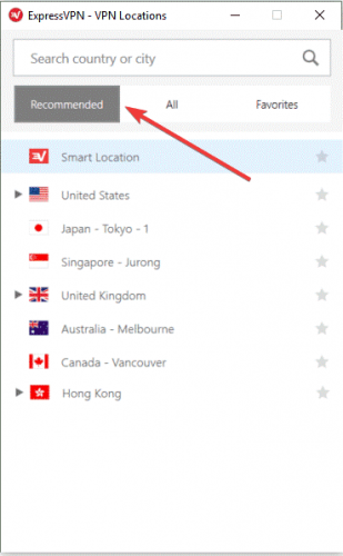 Рекомендованные серверы ExpressVPN