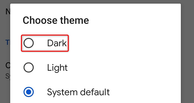 Опция «Тёмная» в списке тем Google Drive.