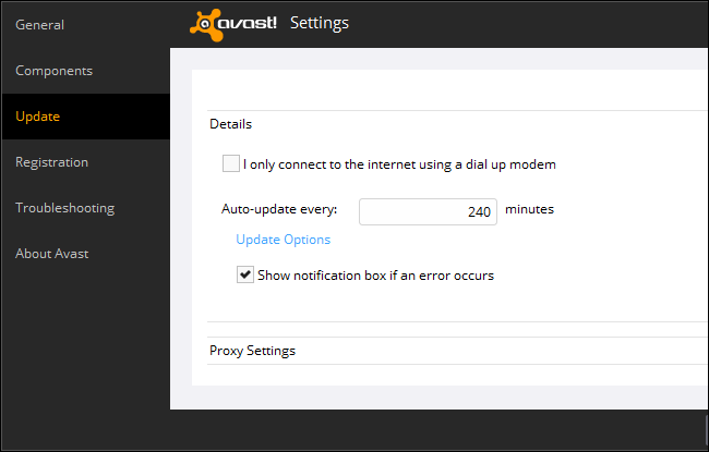 Изображение: опция отключения уведомлений об ошибках обновления в Avast