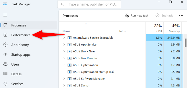 Откройте вкладку Производительность в Диспетчере задач