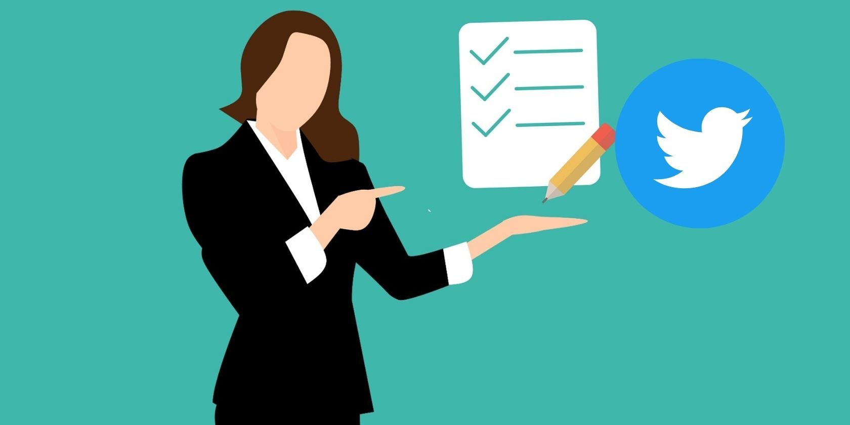 A cartoon vector woman holding up a list with the Twitter icon next to it.