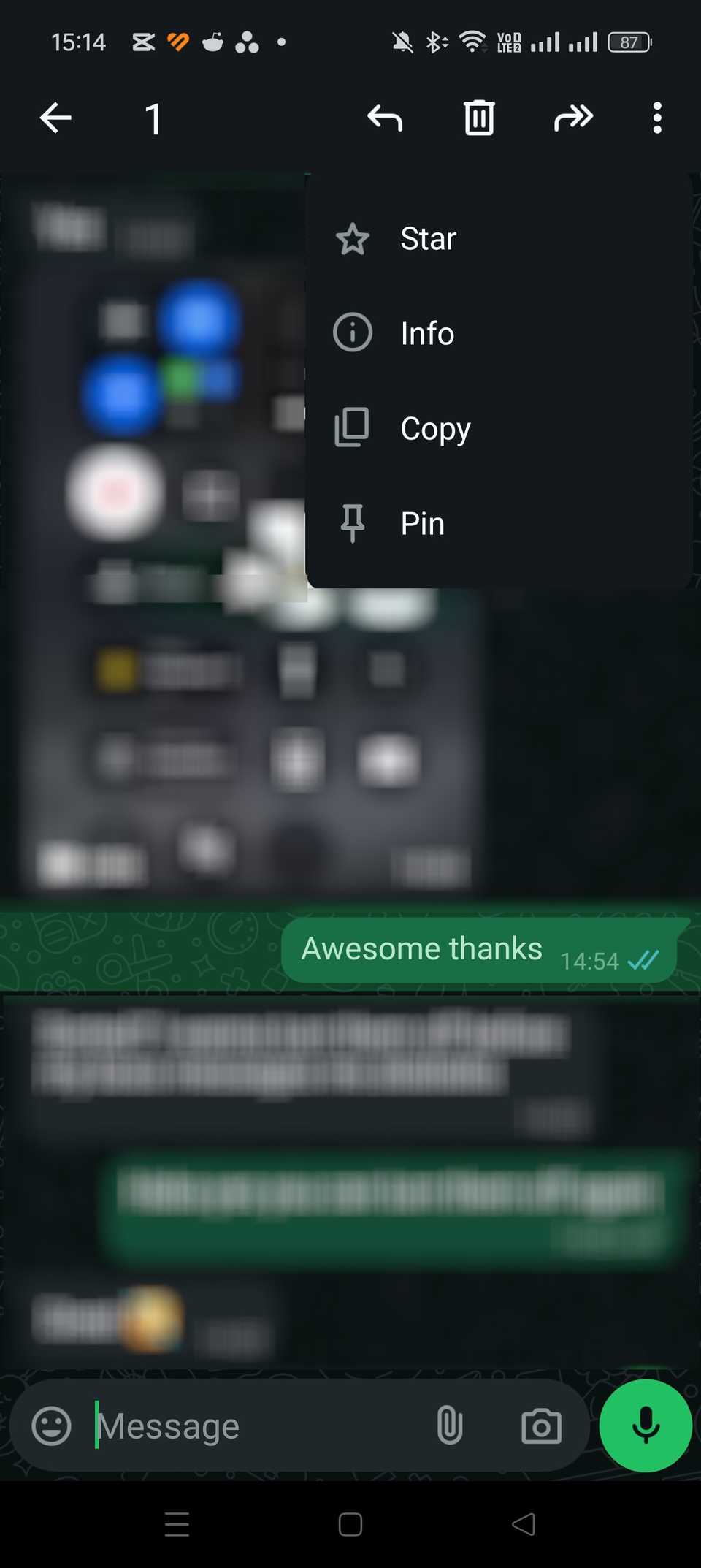 Опция информации о сообщении в WhatsApp
