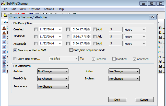 Окно редактирования даты и атрибутов файла в BulkFileChanger