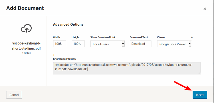 Скриншот: расширенные опции вставки документа перед добавлением шорткода на страницу