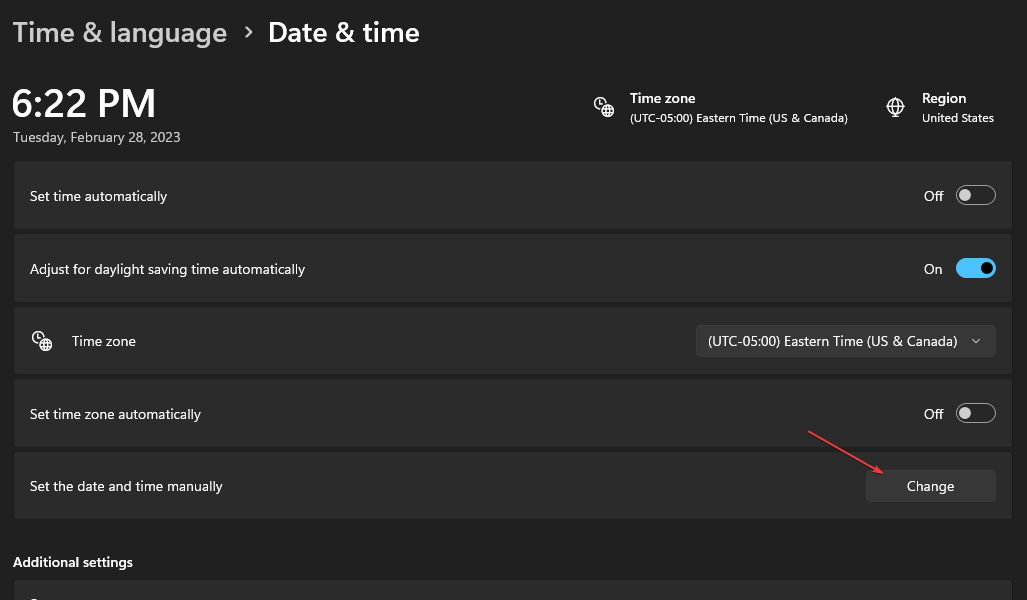 Кнопка Изменить для установки даты и времени вручную в Windows