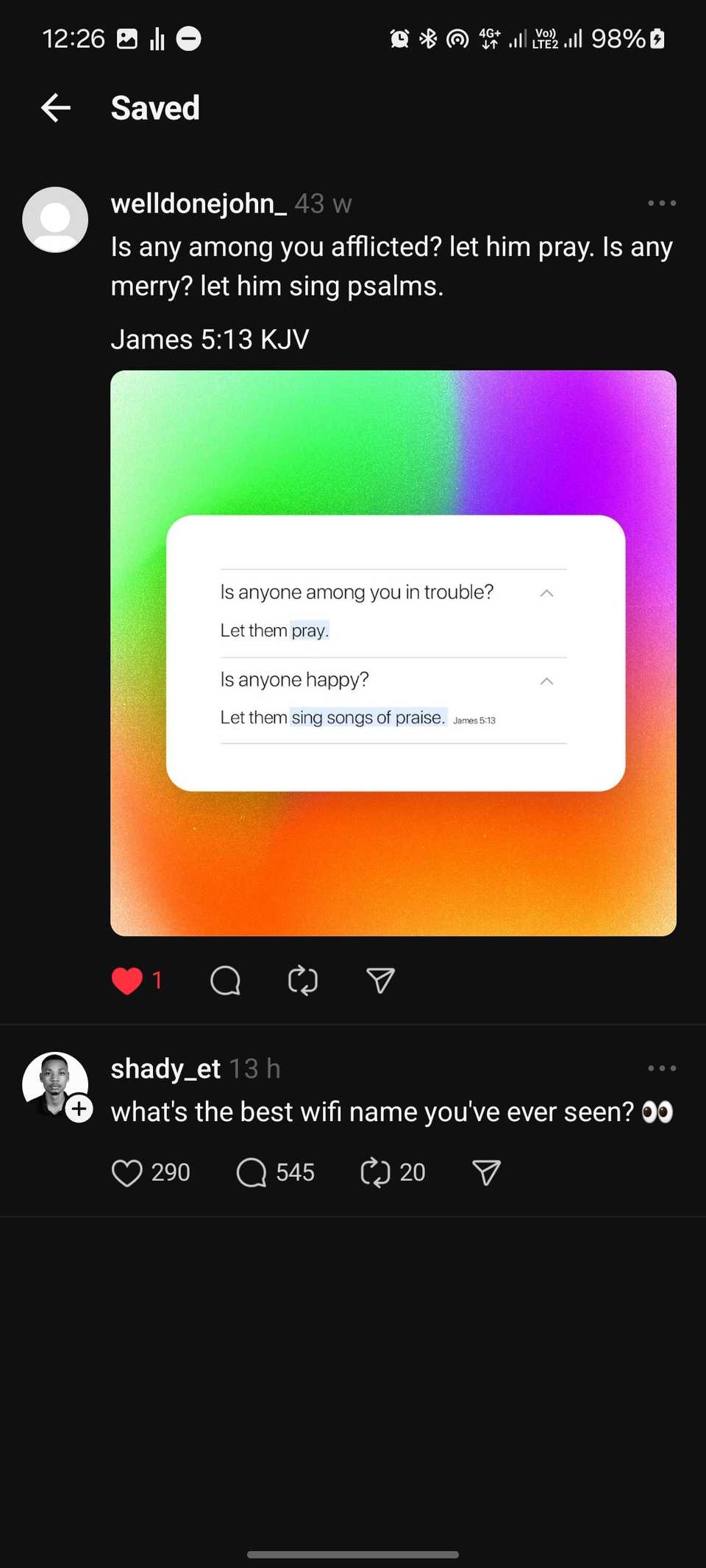 скриншот: сохранённые публикации в Threads