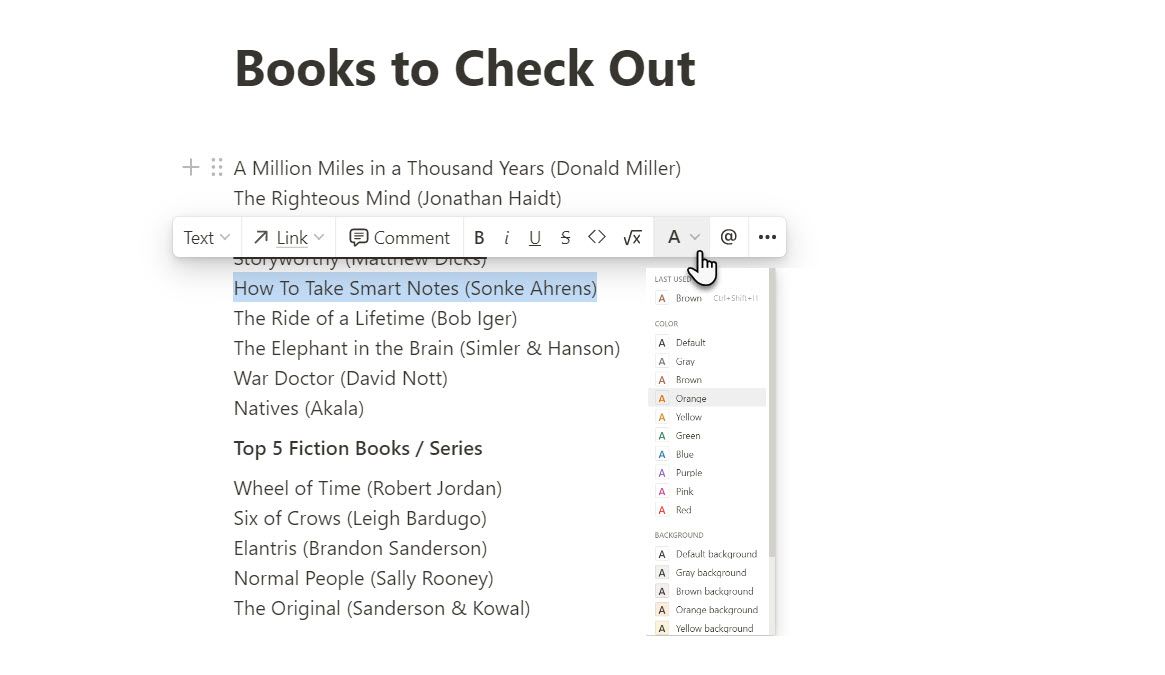 Выбор цвета шрифта в Notion