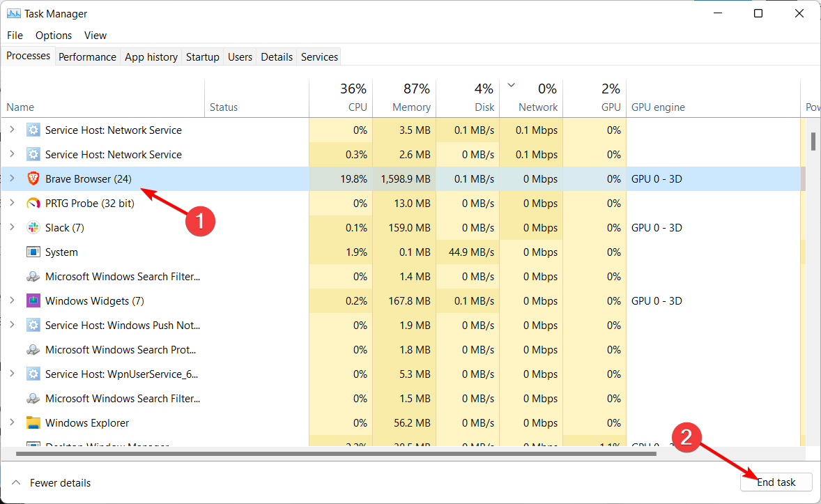 end-task-brave how to fix high ping