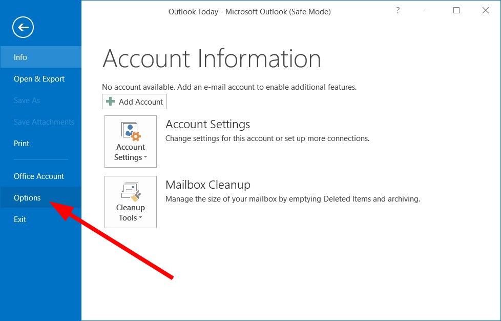 Окно «Параметры» Outlook