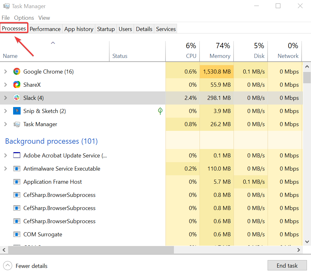 Вкладка Процессы в Диспетчере задач