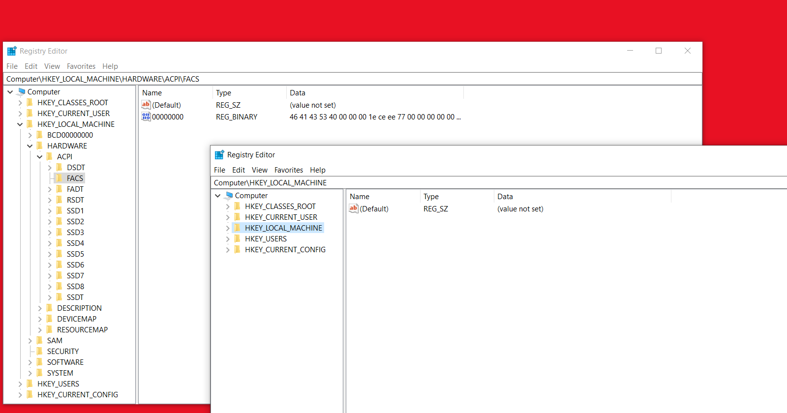 Несколько окон Редактора реестра (Regedit) в Windows 10