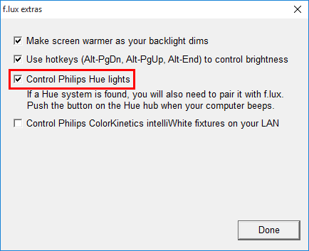 Опция управления Philips Hue в f.lux