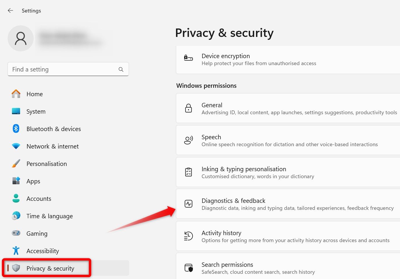 Открытие настроек диагностики и отзыва в Параметрах Windows.