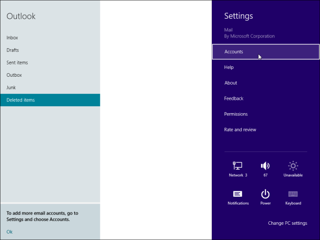 Панель параметров приложения Почта в Windows 8