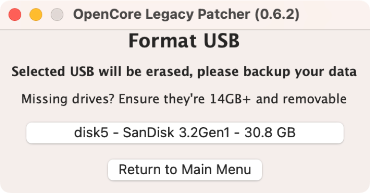 Выберите свободный USB‑диск для создания установщика