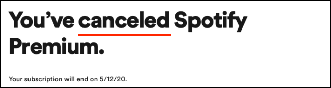 Подтверждение отмены Spotify Premium с указанием даты окончания подписки