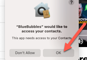 Разрешите доступ к контактам, нажав «OK»