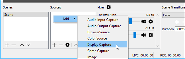 Добавление источника Display Capture в OBS