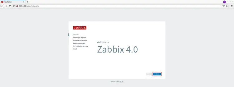 Веб-установщик Zabbix — стартовая страница