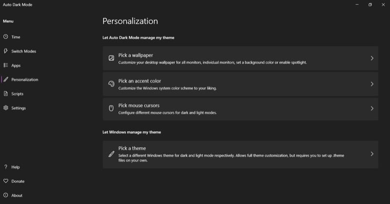 Параметры персонализации в Auto Dark Mode