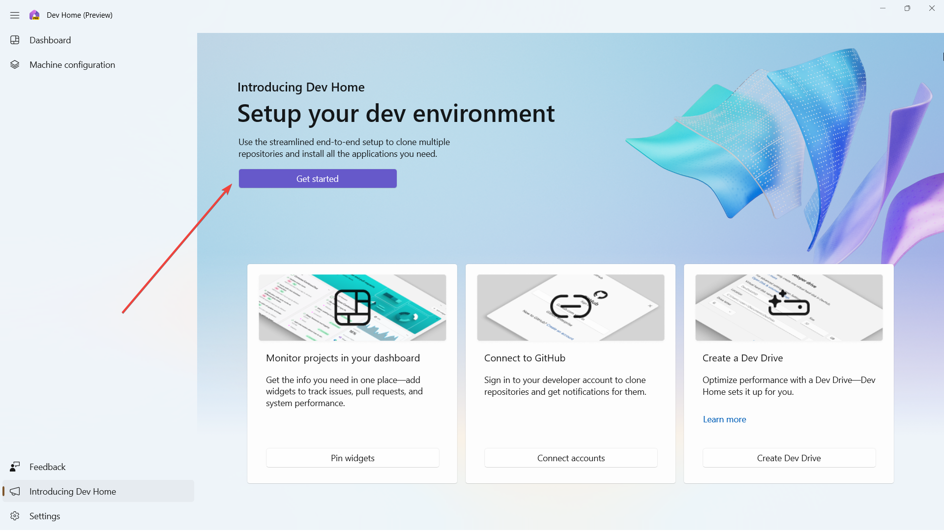 Экран «Get Started» / «Начать» в Microsoft Dev Home