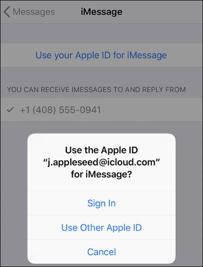 Запрос входа Apple ID для iMessage на экране