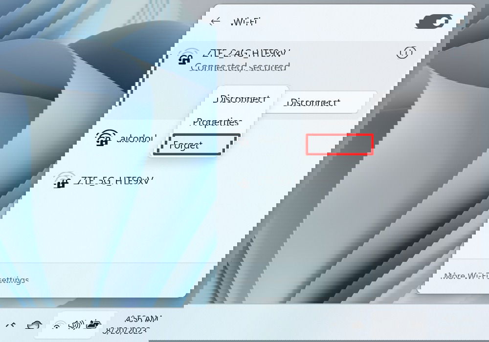 Выбор «Забыть» для Wi‑Fi сети