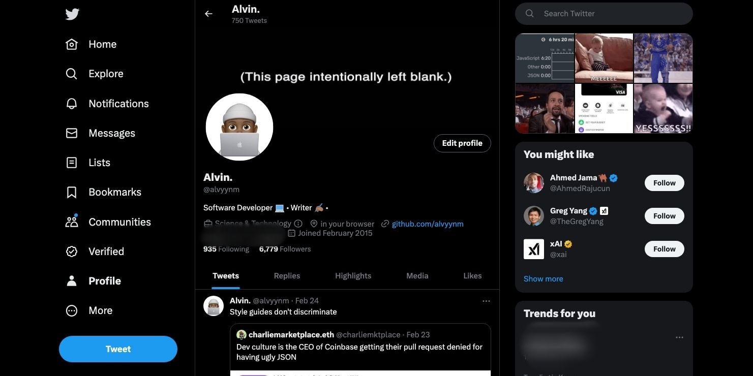Профиль Twitter на вебе
