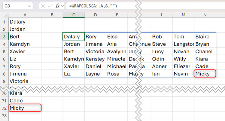 A72 に追加された名前をトリム参照付き WRAPCOLS が拾っているスクリーンショット