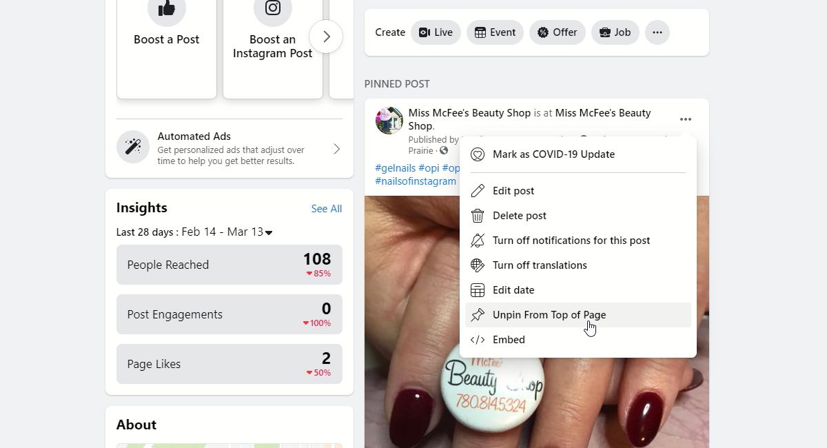 Кнопка для открепления поста с верха страницы