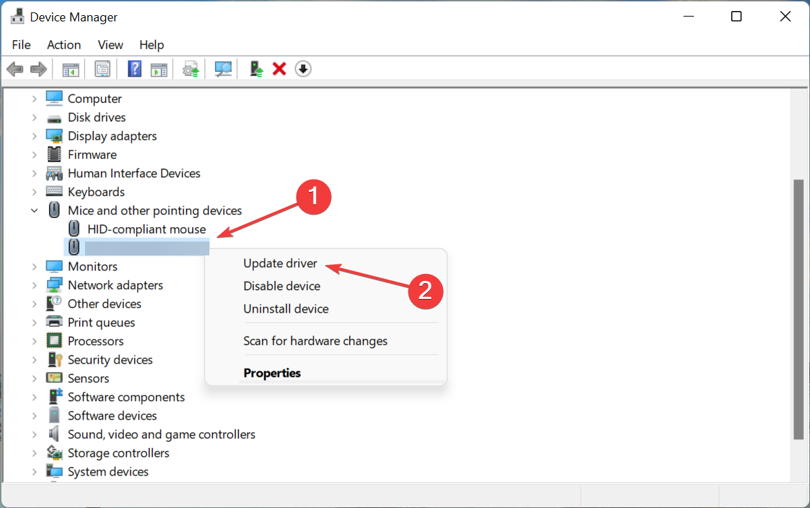 Контекстное меню мыши с опцией 'Обновить драйвер'