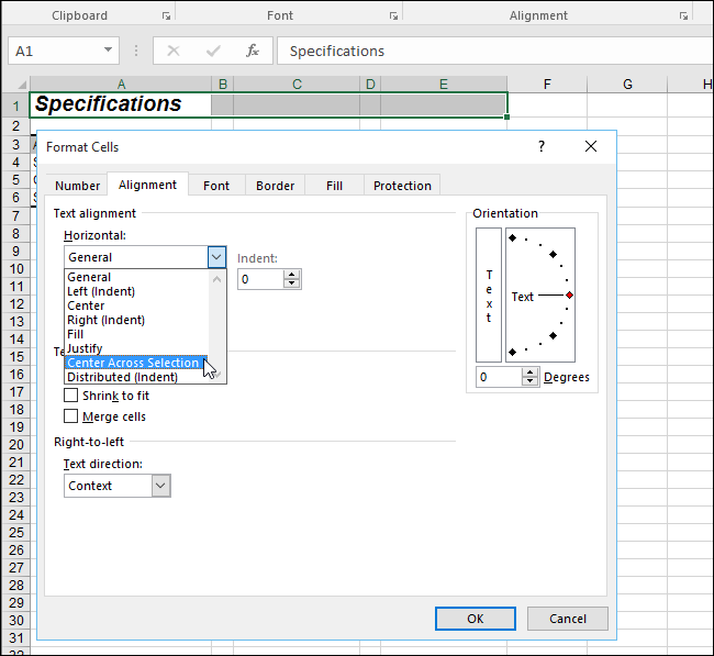 Выбор выравнивания «По центру в выделении» в диалоге Формат ячеек