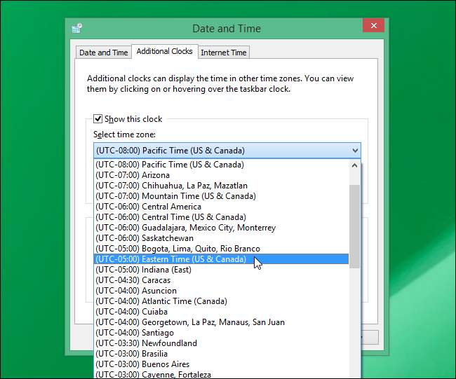 Выбор часового пояса для второго дополнительного часа