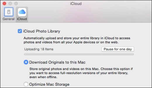 Вкладка iCloud в настройках Photos со статусом синхронизации