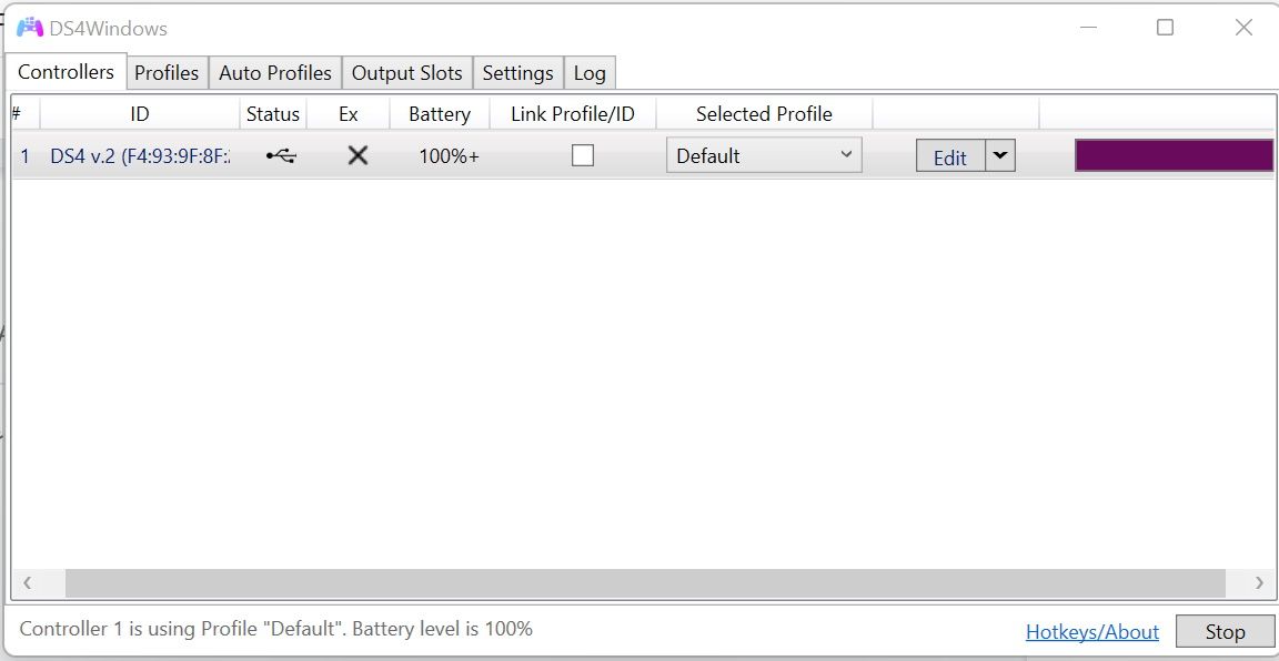 Вкладка Контроллеры в DS4Windows с подключённым контроллером PS4