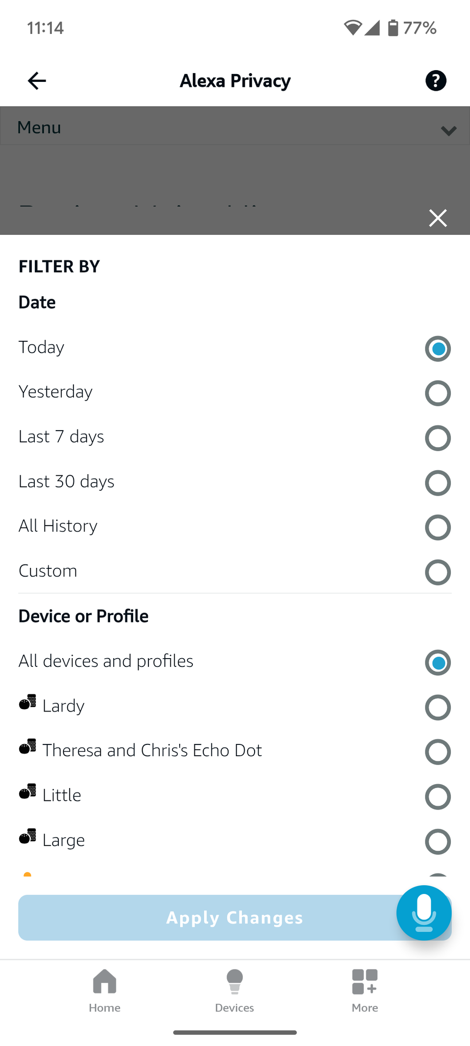 фильтрация голосовых записей в приложении Alexa