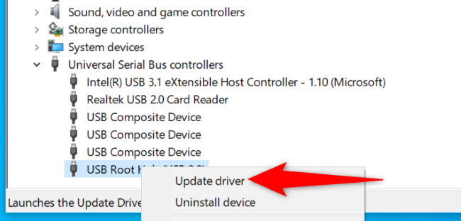 Выберите «Обновить драйвер».