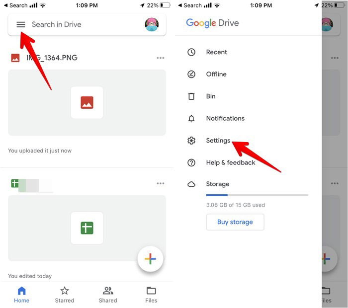 Настройки Google Drive на iPhone