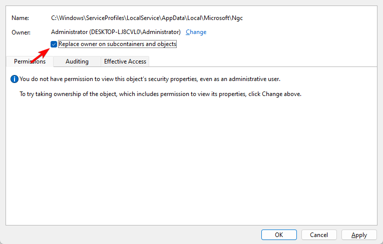 Опция заменить владельца для подпапок и объектов