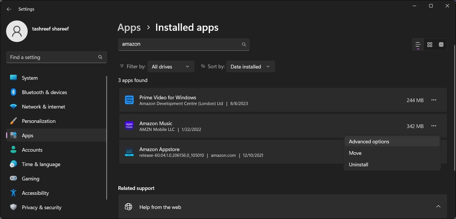 Параметры приложения — Дополнительные параметры в Windows 11