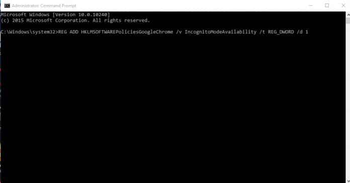 Командная строка Windows с командой REG ADD для отключения режима инкогнито в Chrome