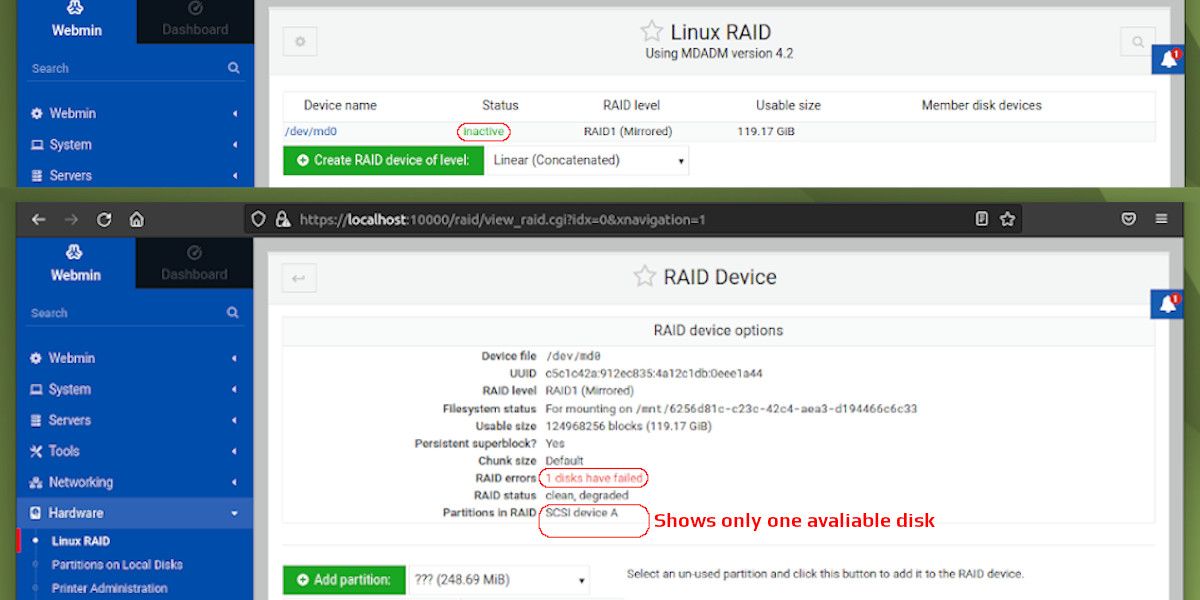 Webmin interface showing only one available disk after a RAID member has failed
