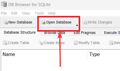 Кнопка «Open Database» в DB Browser for SQLite
