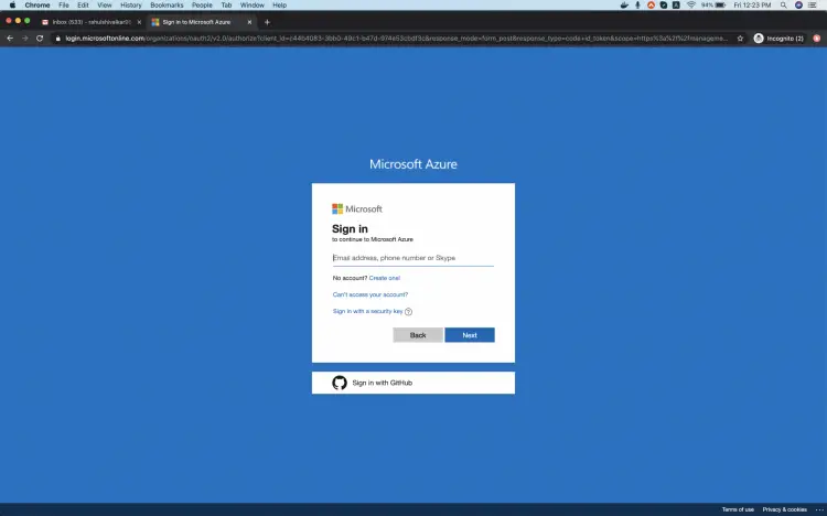 Форма ввода логина и пароля Azure